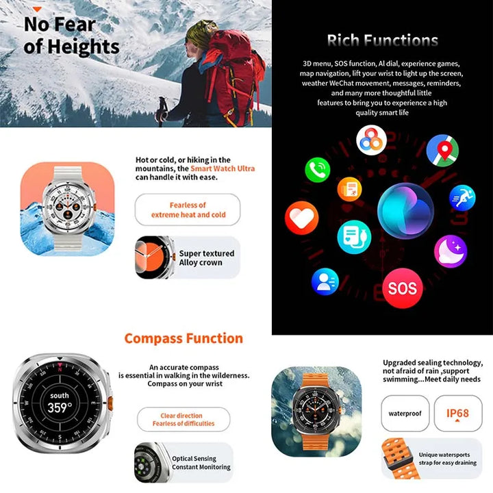 For Samsung Galaxy Watch 7 Ultra GPS Compass Smart Watch Outdoor Sports Man AMOLED BT Call IP68 Galaxy 6 Upgraded Smartwatch Men