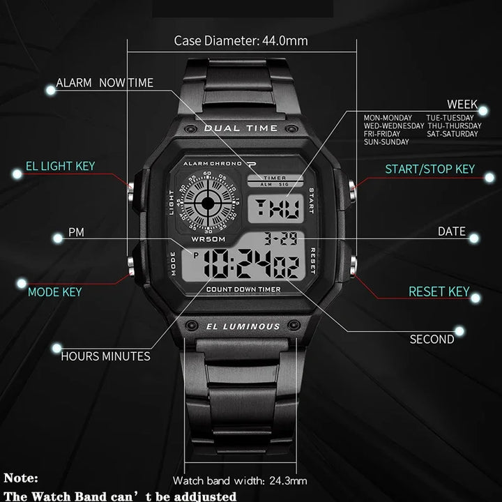 YIKAZE Digital Watch Men's Watch Stainless Steel Strap Countdown Sport Watches Waterproof Led Electronic Wristwatch for Men Gift