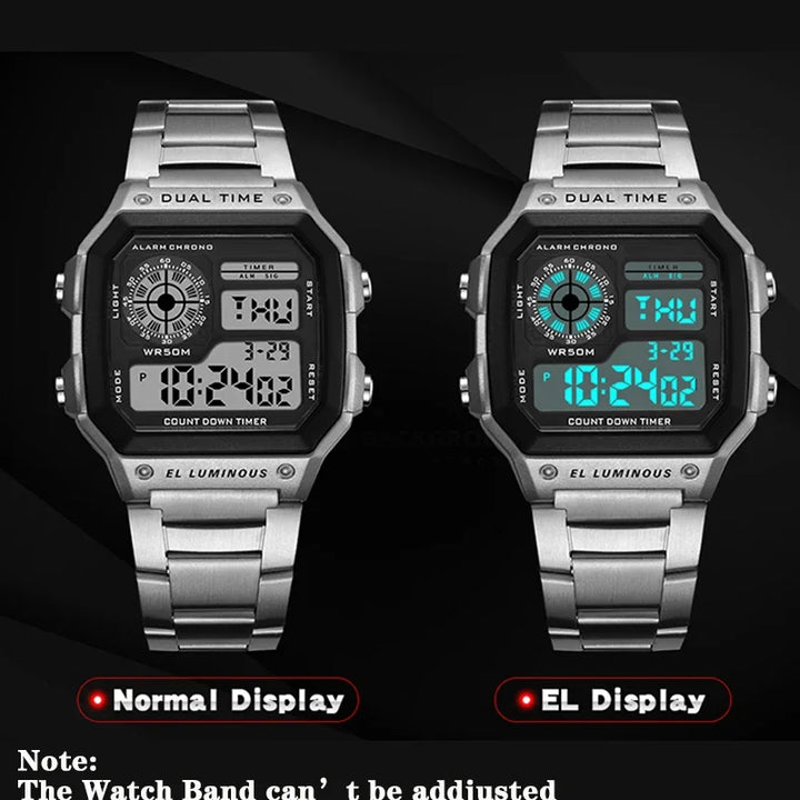 YIKAZE Luxury Stainless Steel Strap Sport Watches Men Military Digital Watches Waterproof Clock LED Men's Sport Wristwatch