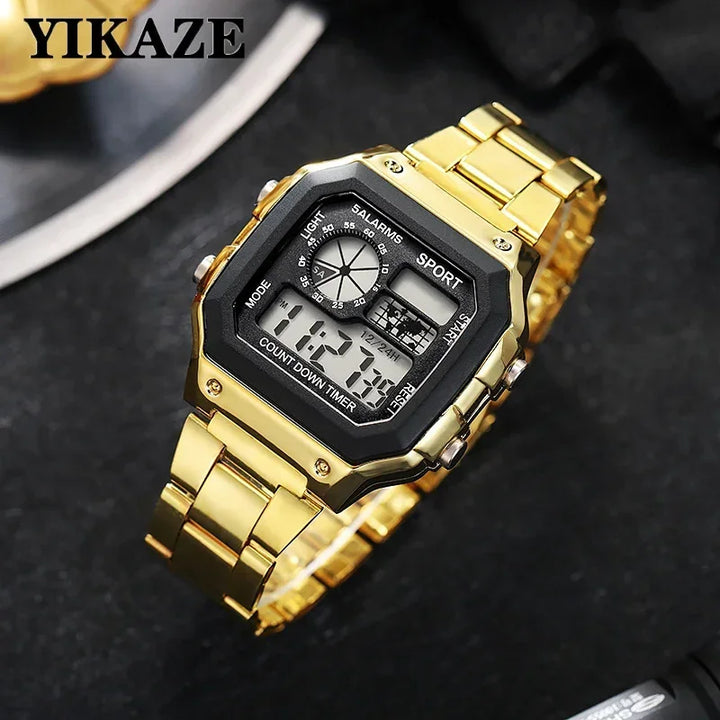 YIKAZE Luxury Stainless Steel Strap Sport Watches Men Military Digital Watches Waterproof Clock LED Men's Sport Wristwatch