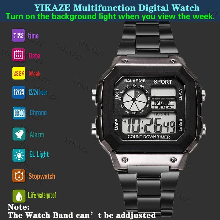 YIKAZE Digital Watch Men's Watch Stainless Steel Strap Countdown Sport Watches Waterproof Led Electronic Wristwatch for Men Gift