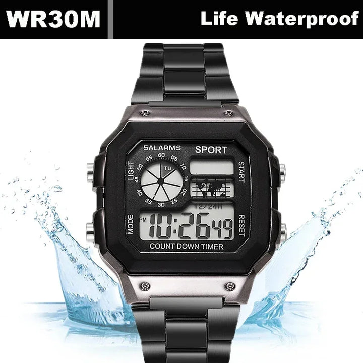 YIKAZE Digital Watch Men's Watch Stainless Steel Strap Countdown Sport Watches Waterproof Led Electronic Wristwatch for Men Gift