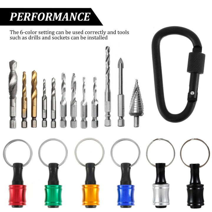 15PCS 1/4in Hex Shank Bit Holder Kit with 105° Right Angle Drill Attachment Aluminum Alloy Screwdriver Drill Bit Holder Keychain