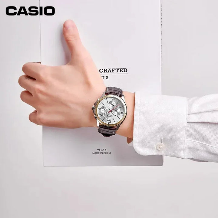 Casio MTP-1374L Luxury Three Eyes Men's Quartz Watch Waterproof FashionSimple Dial Leather Business Gifts Multi-Functional Date